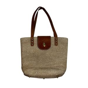 Eric Javits New York Woven Tote Bag Leather Trim Brown Tan Shoulder Bag